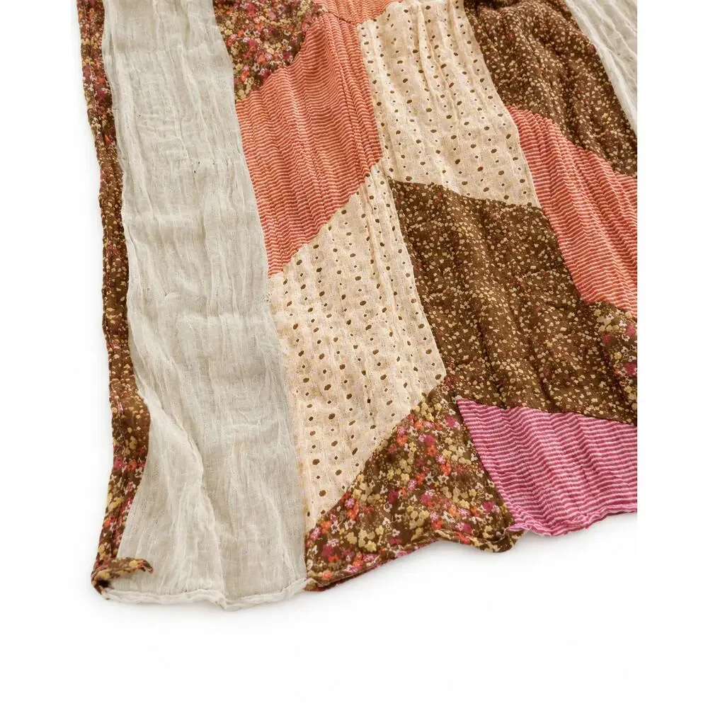 Vintage 1970s Batiste Patchwork Scarf 32 x 72 Floral Stripe Boho Cottagecore